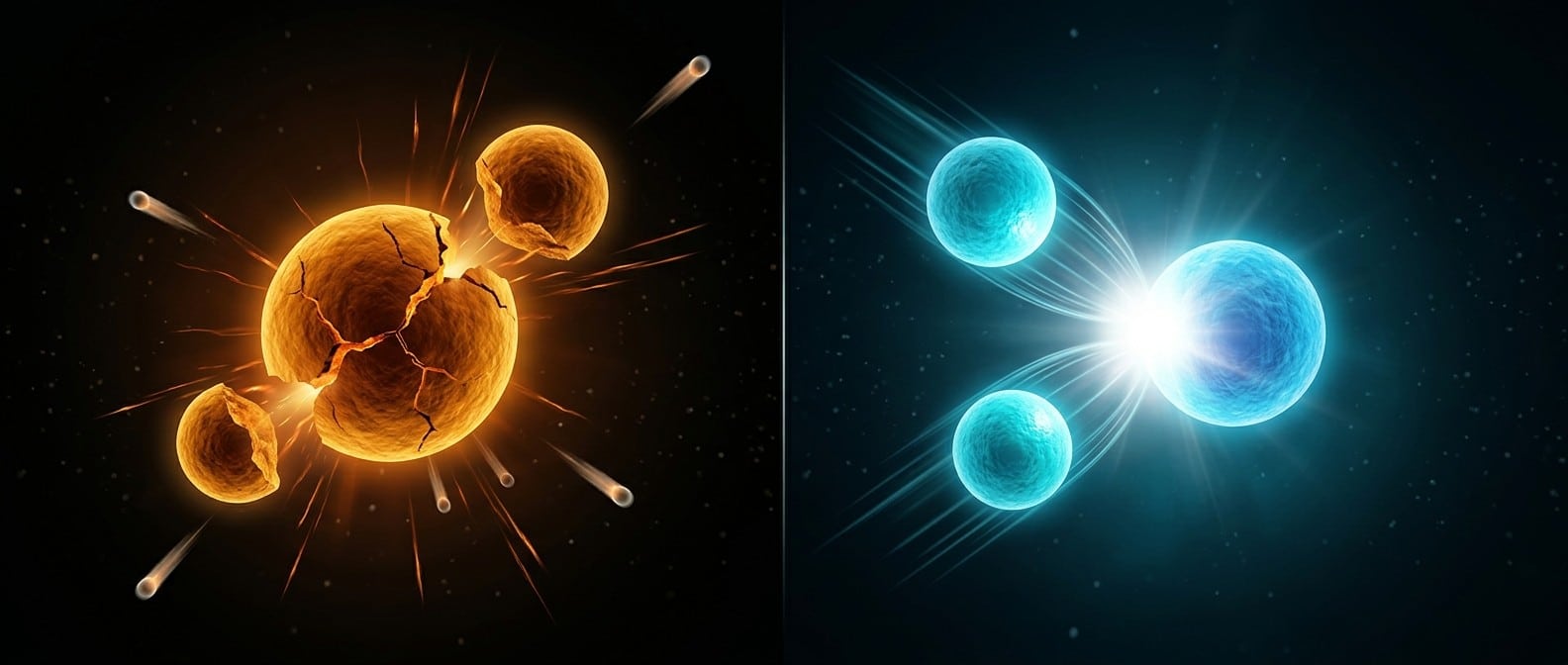 Nuclear Fusion vs. Fission: The Difference and Where Each Stands Now Conceptual illustration contrasting nuclear fission, where a heavy atom splits apart, with nuclear fusion, where two light atoms merge together