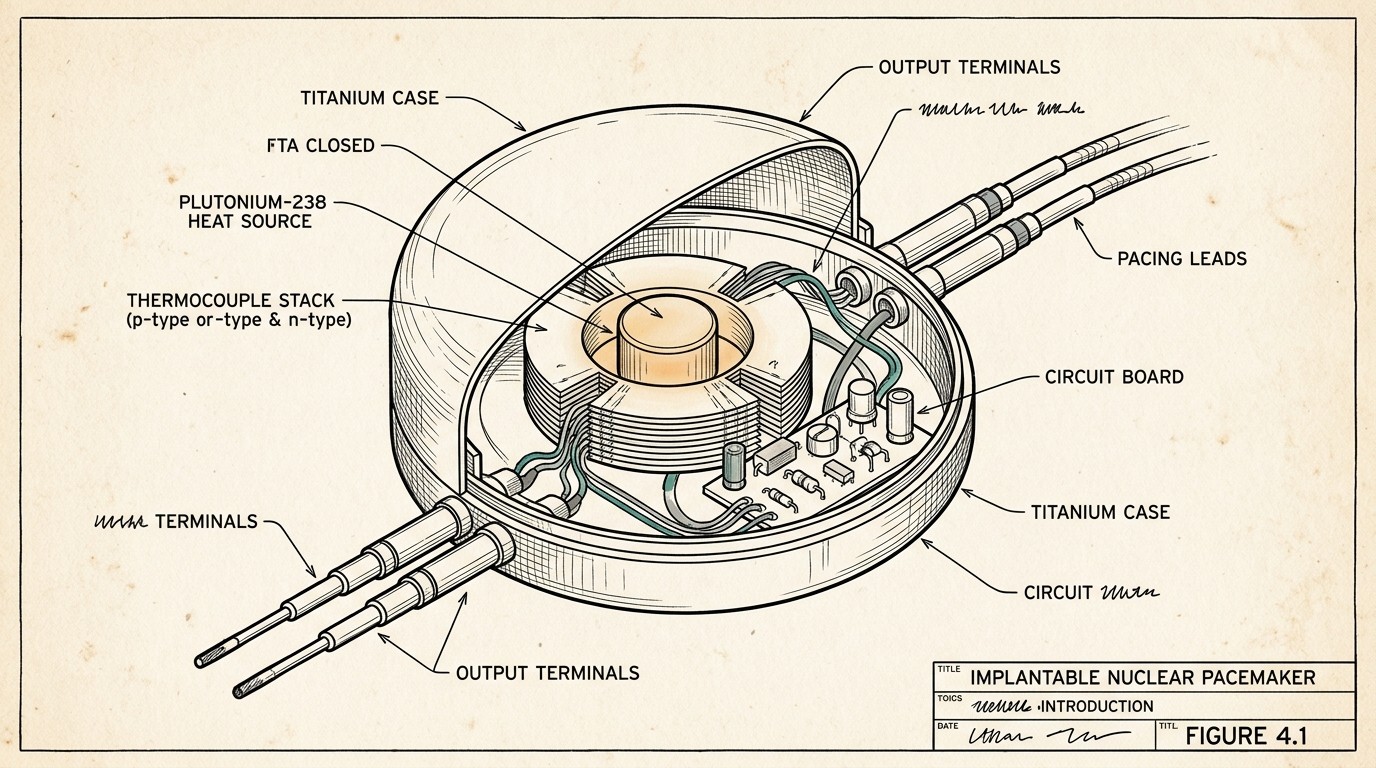 Cutaway illustration of a 1970s plutonium-powered nuclear pacemaker showing its isotope heat source and thermocouples