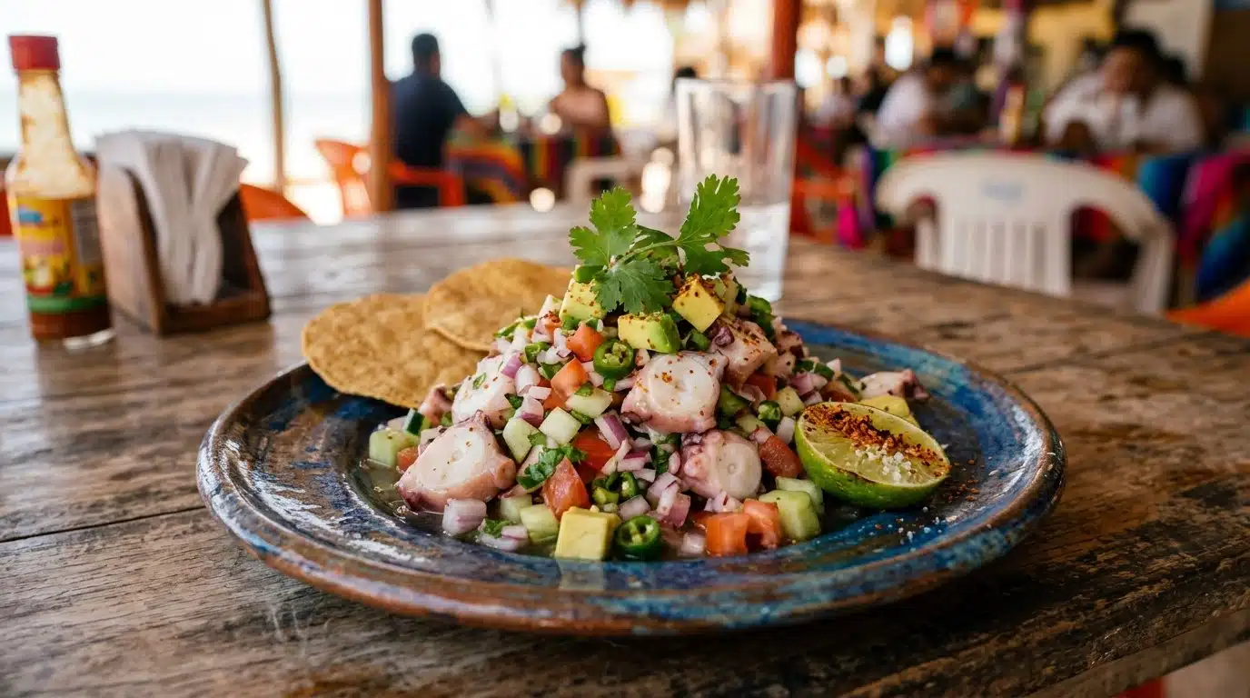 Traditional Mexican octopus dish on a plate, representing the human consumption of Maya octopus caught in waters where researchers found 93.68% of specimens contained microplastics.