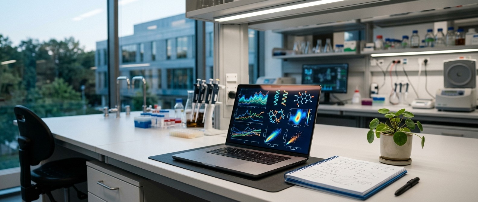 Research workstation laptop running offline AI scientific analysis software in a modern lab