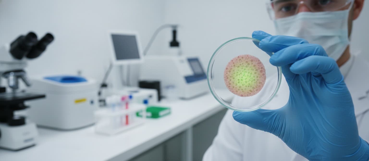 Scientist studying living human skin tissue sample in modern biotech lab for cruelty-free skincare research