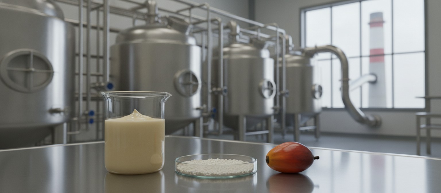 Bioreactor tanks at an industrial facility converting captured factory emissions into a creamy palm oil substitute