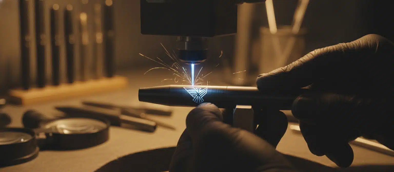 Laser engraving a company logo onto a Parker pen barrel in a craftsmanship workshop