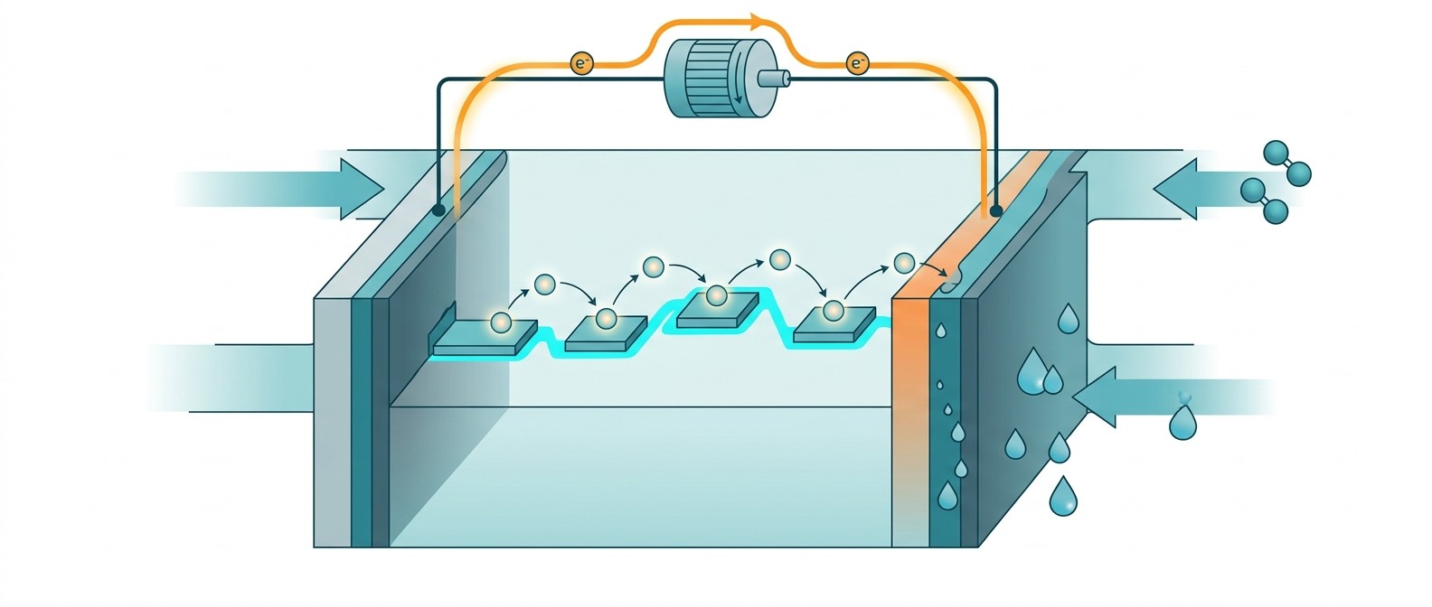 Diagram of a proton-exchange membrane fuel cell showing protons hopping across intermediate relay sites in the catalyst layer