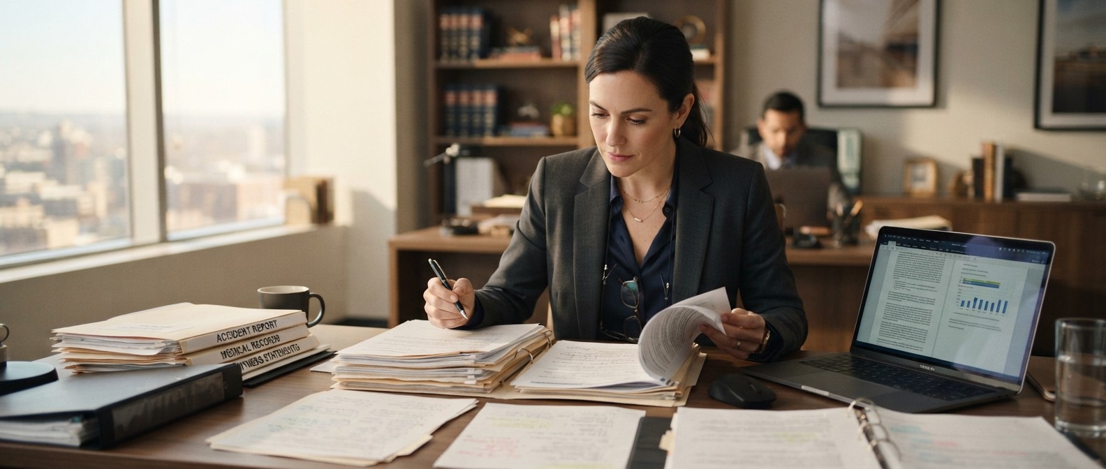 A personal injury attorney reviewing accident case files and medical records at a desk