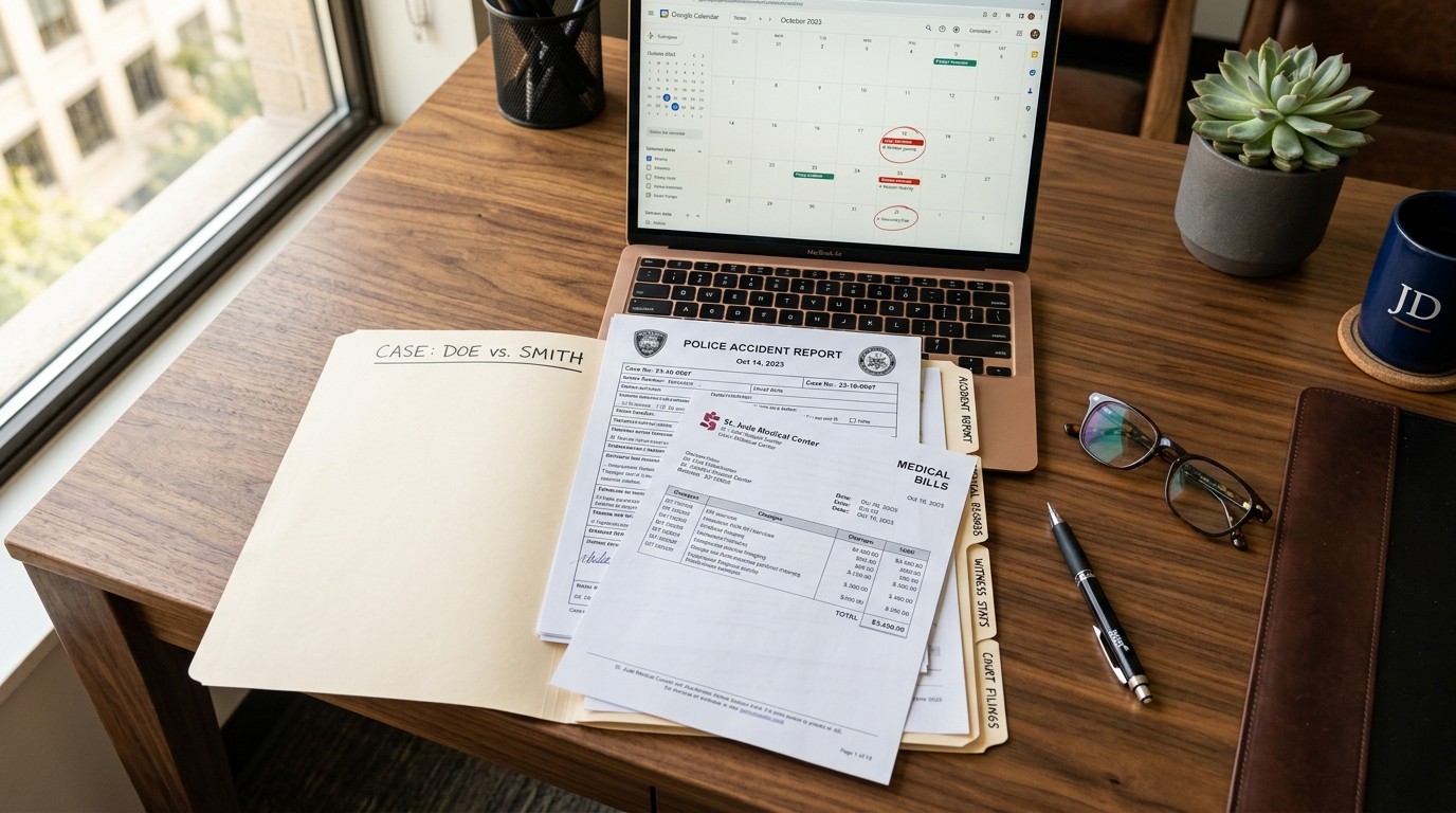 Police accident report, medical bills, and legal case documents arranged on a desk