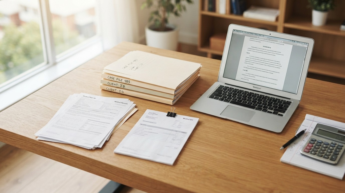 Desk with personal injury claim documents, medical records and a calculator beside a laptop