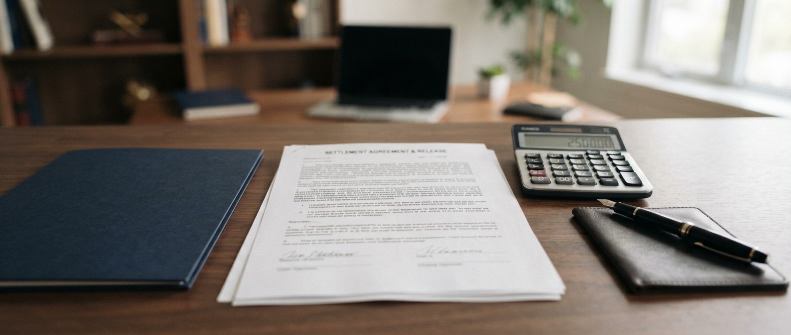 Settlement documents and a calculator on an office desk representing injury compensation