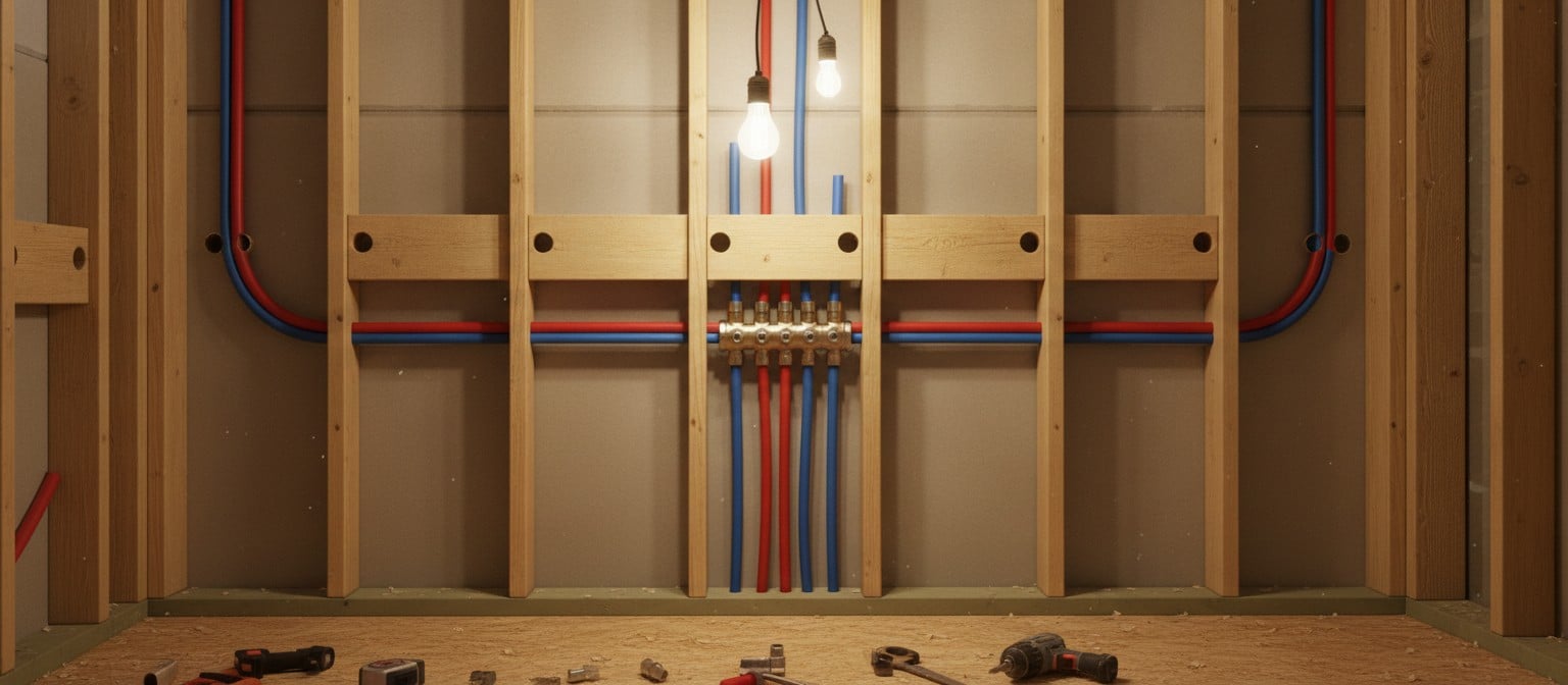 New red and blue PEX tubing installation in home wall