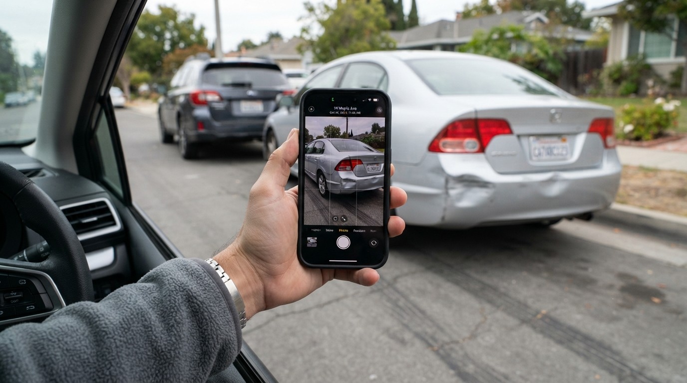 A driver photographing a dented car bumper with a smartphone after a minor fender-bender on a suburban street