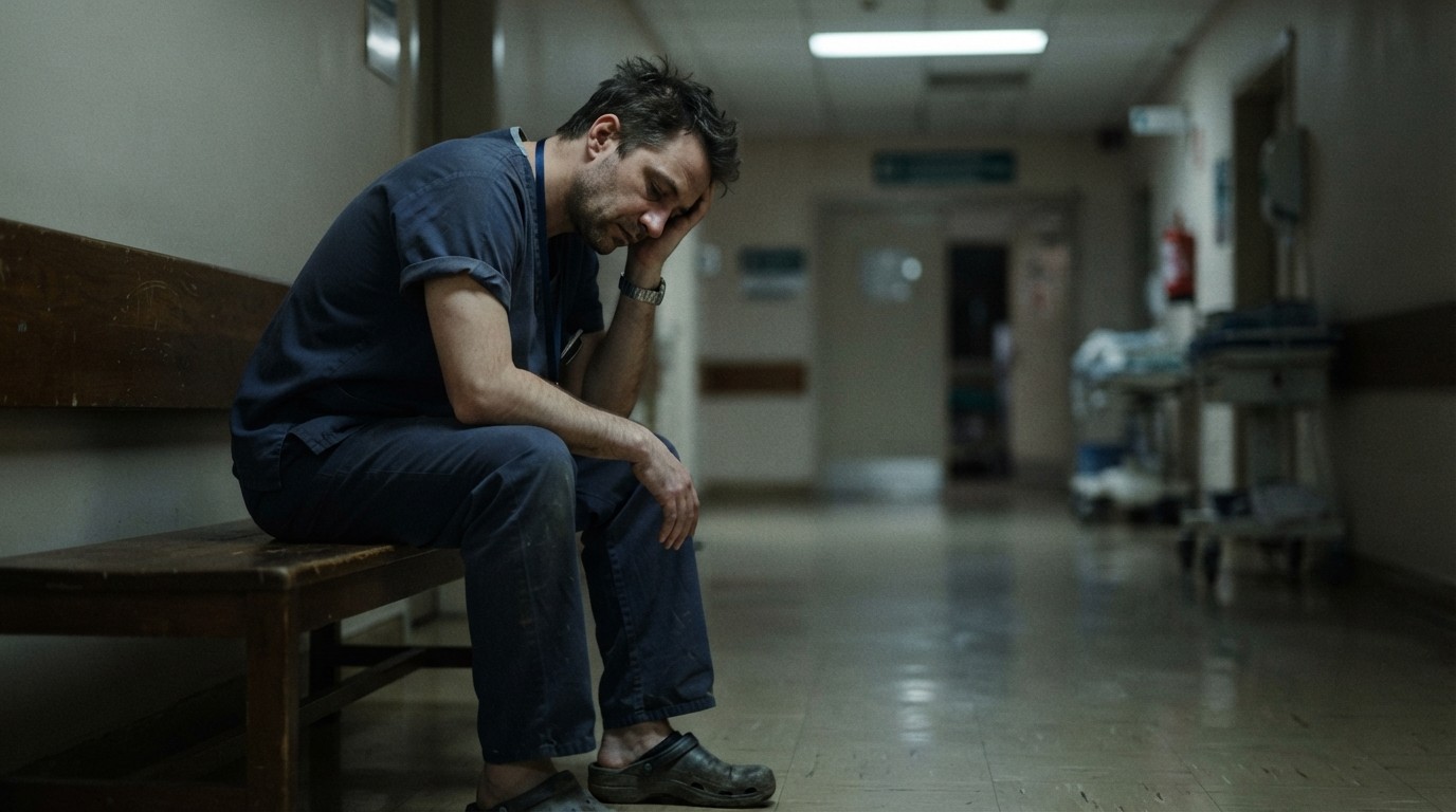 A tired physician sitting alone in a dim hospital corridor at the end of a long shift