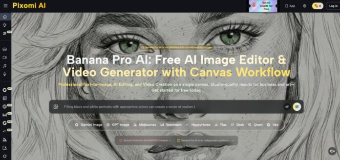pixomi-ai-image-generator A screenshot of the Pixomi AI website, showcasing a detailed black and white sketch of a woman's eyes with the text 'Banana Pro AI: Free AI Image Editor & Video Generator with Canvas Workflow' overlayed.