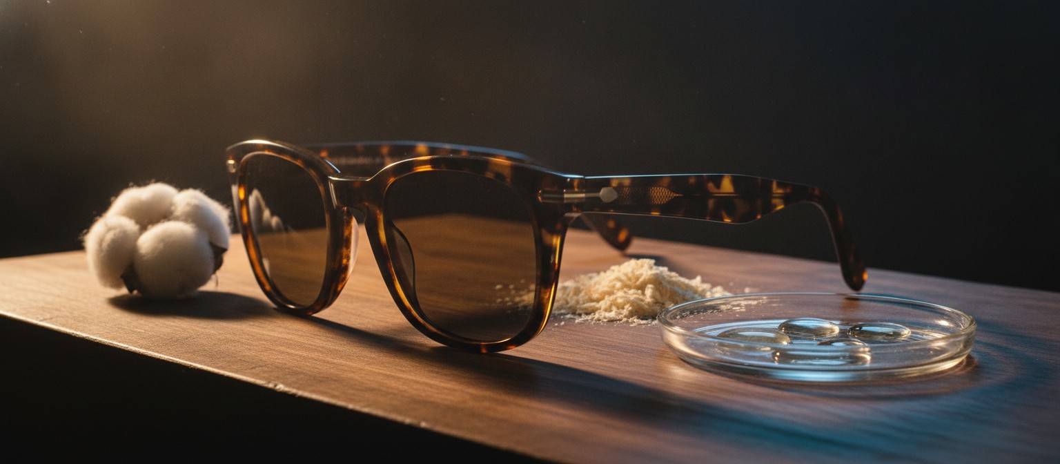 Plant-based acetate sunglasses frame on a workbench beside cotton fibre, wood pulp and vegetable oil