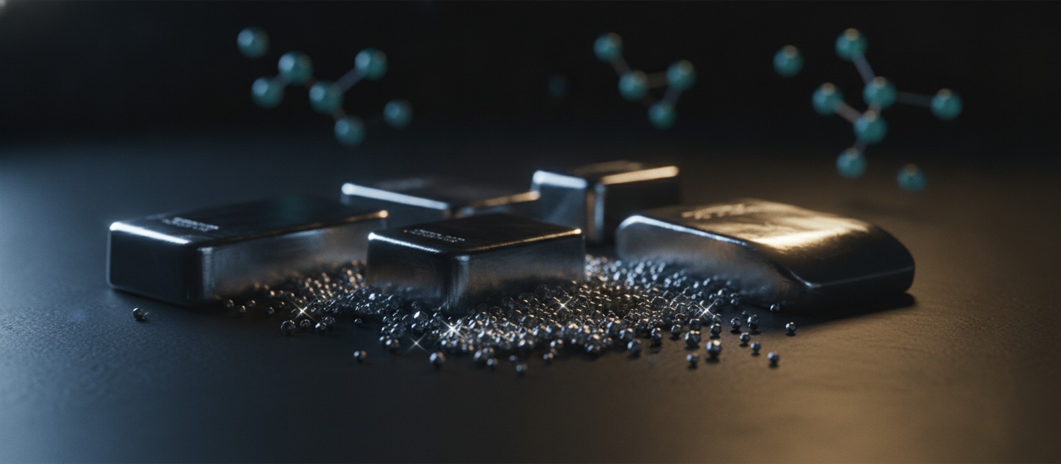 Platinum metal ingots and granules under dramatic studio lighting representing fuel cell catalyst cost