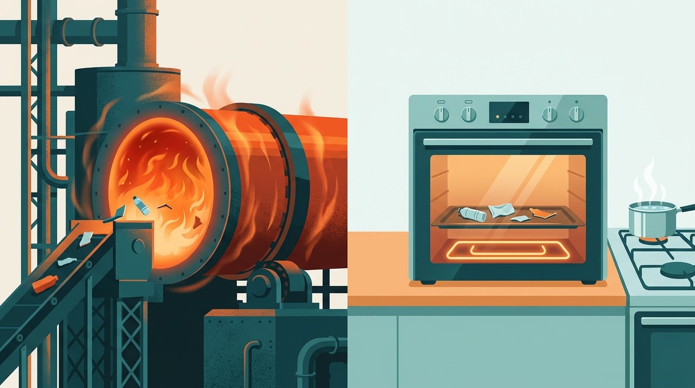 Comparison of reaction temperatures showing a furnace at 450 to 500 degrees Celsius on one side and an oven-like chamber at under 170 degrees on the other