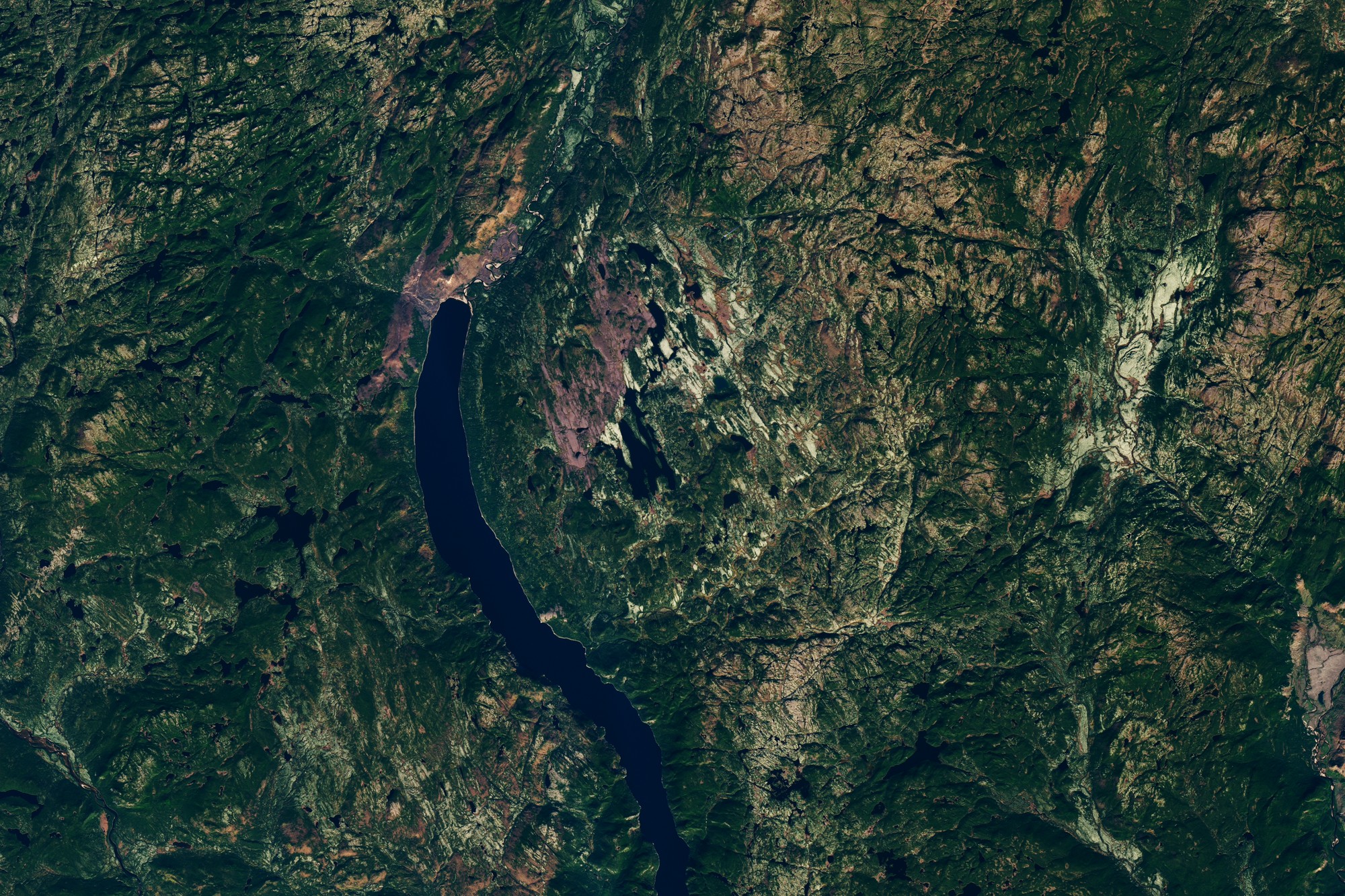 The subtle circular shape of the Uhackatik impact structure in Quebec, with Lake Marsal near the center, in this Landsat 8 image