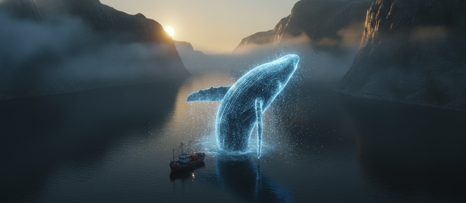 A glowing blue light whale breaches beside a red fishing boat in a misty fjord at dawn, a signature Seedance 2.0 cinematic AI video still