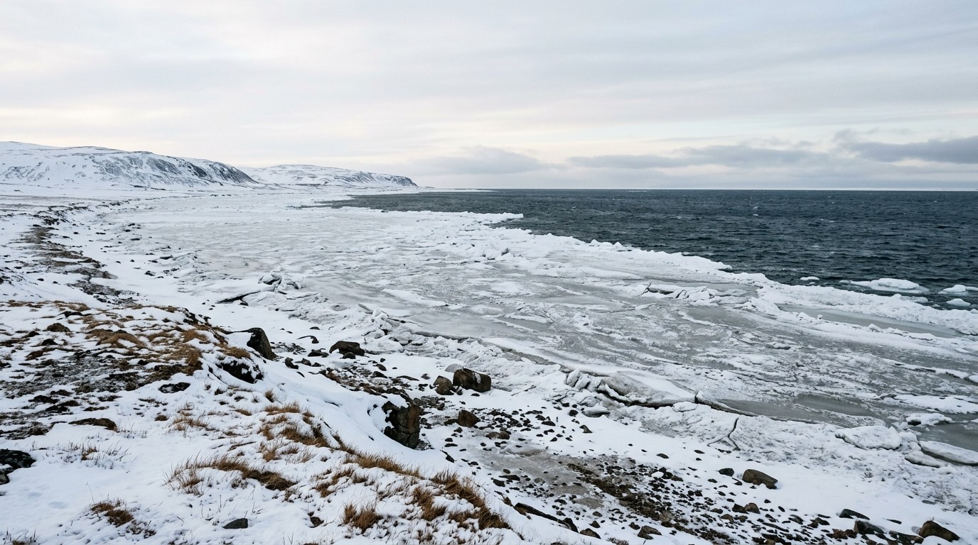 Shorefast sea ice extending from a snow-covered Arctic coastline under low polar light