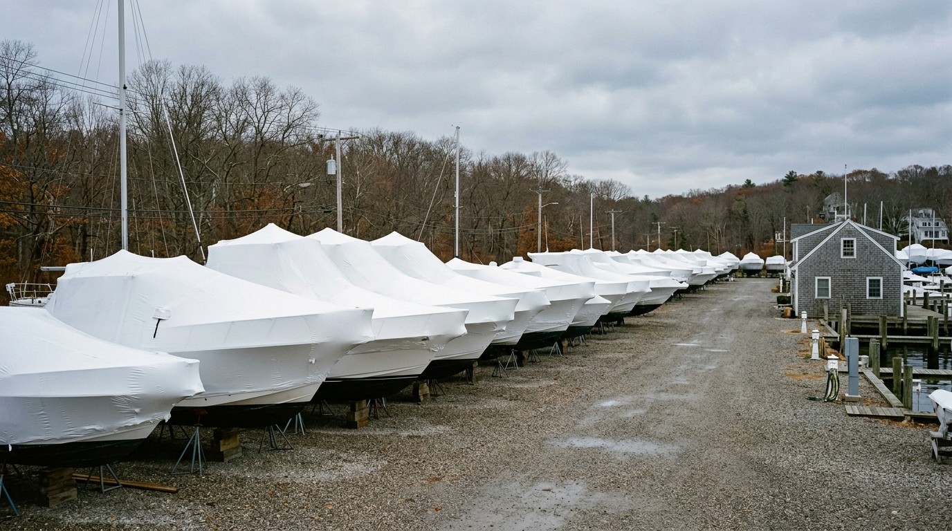Rethinking Winterization: Why More Marinas Are Reconsidering Their Shrink-Wrap Supply Chain Rows of boats shrink-wrapped in white protective film on cradles in a marina boatyard during autumn winterization