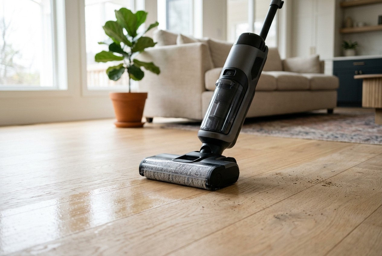 Beyond the App: What Actually Makes a Home-Cleaning Appliance Intelligent? A smart wet-dry floor washer cleans a hardwood floor, leaving a clearly clean path beside a dull, dusty section, in a bright modern home.