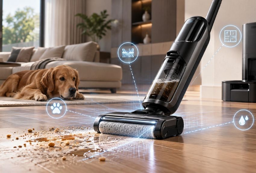 A modern wet dry vacuum cleaner is shown cleaning a mess on a wooden floor, with a golden retriever dog lying nearby and animated icons indicating its smart features.