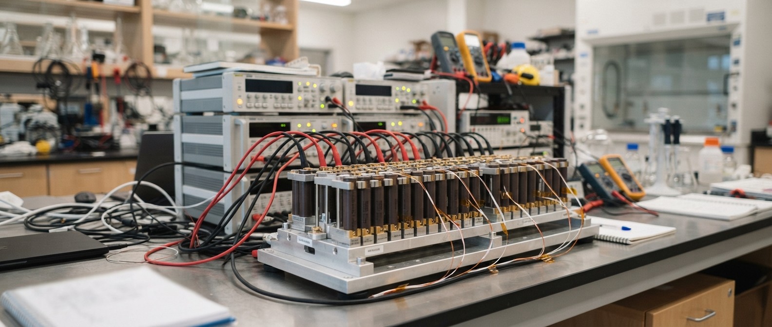 Cylindrical battery cells connected to electrochemical test equipment in a research laboratory