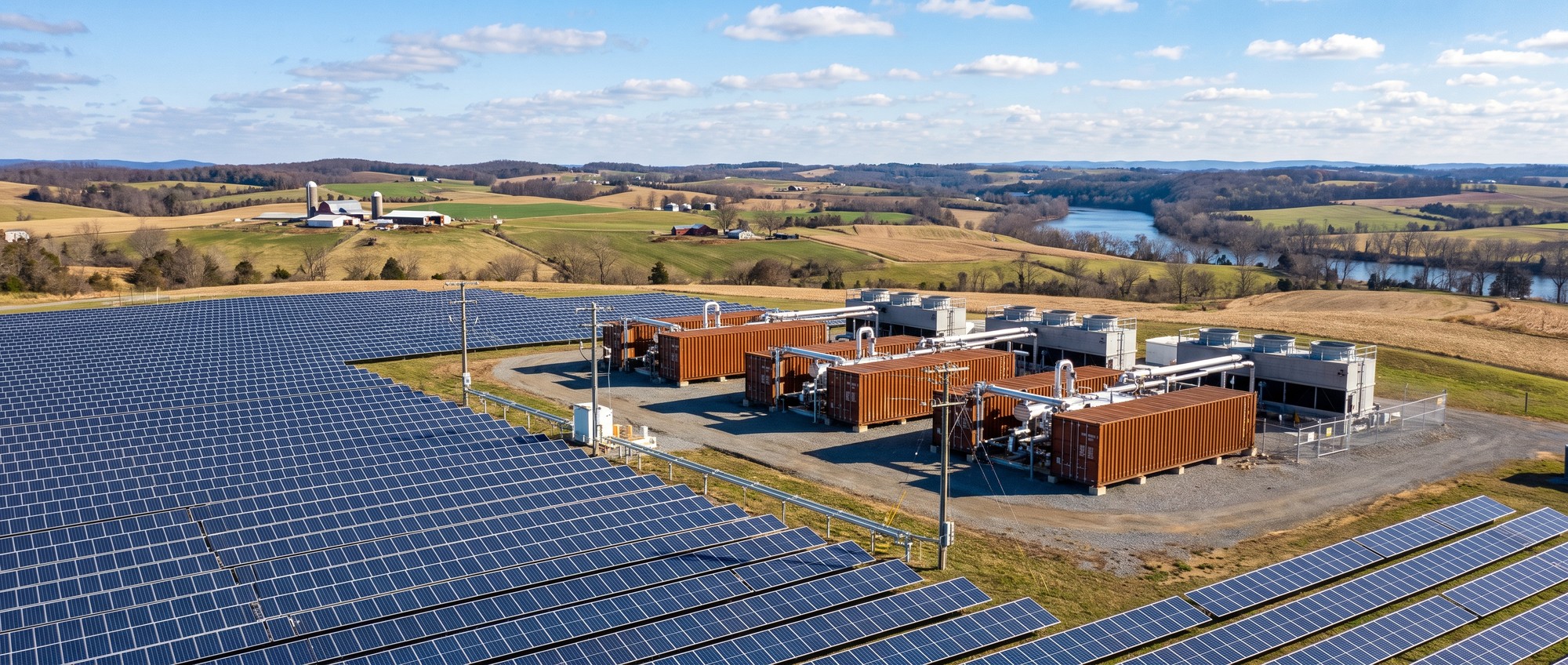 Solar farm connected to thermal battery storage units storing renewable energy as heat for industrial use