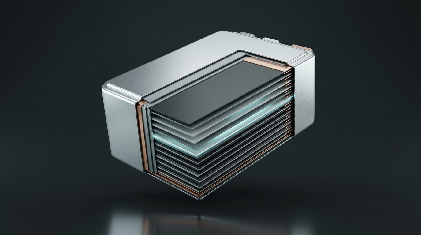 Solid State Battery Standard: The 0.5% Rule Changing Every EV Claim Cutaway render of a prismatic EV battery cell showing stacked solid-electrolyte layers between graphite anode and cathode sheets