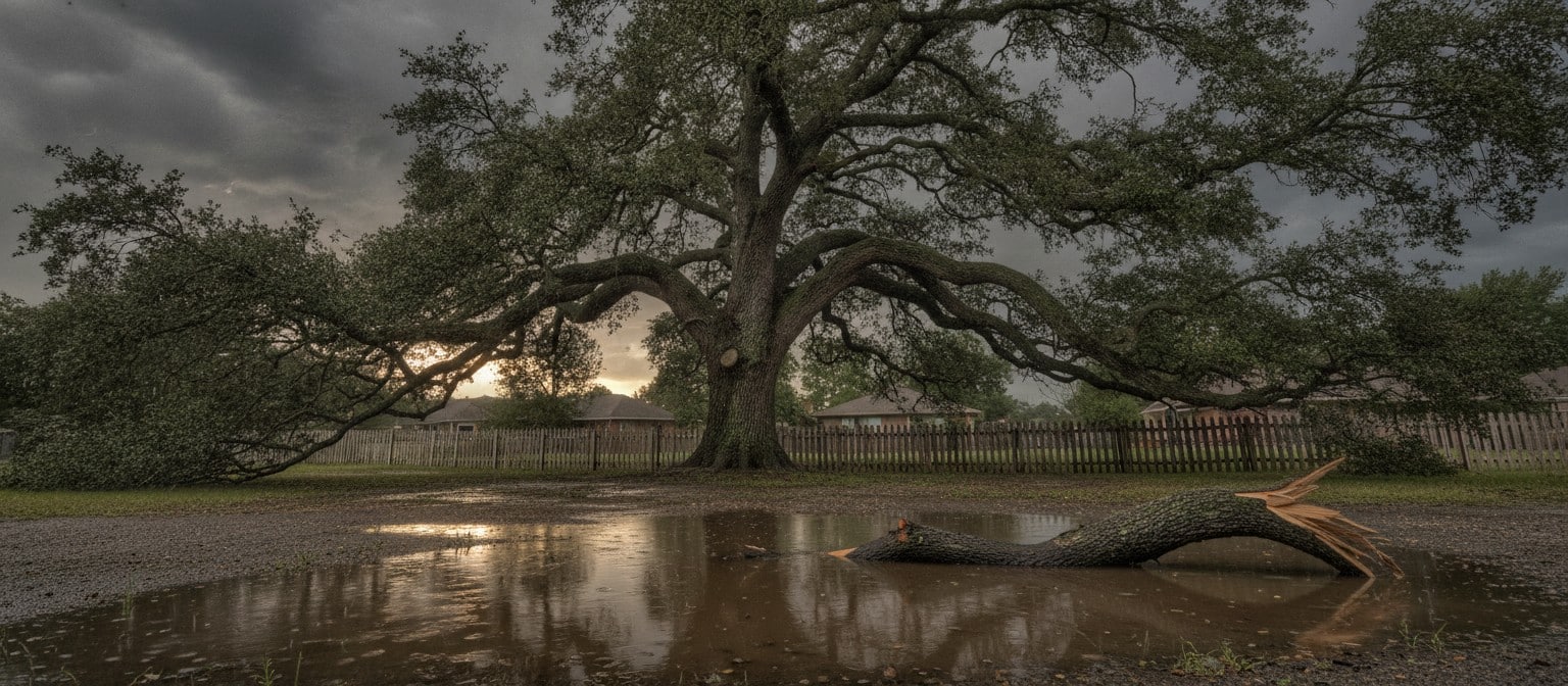 Mature tree leaning after storm with saturated soil showing instability risk