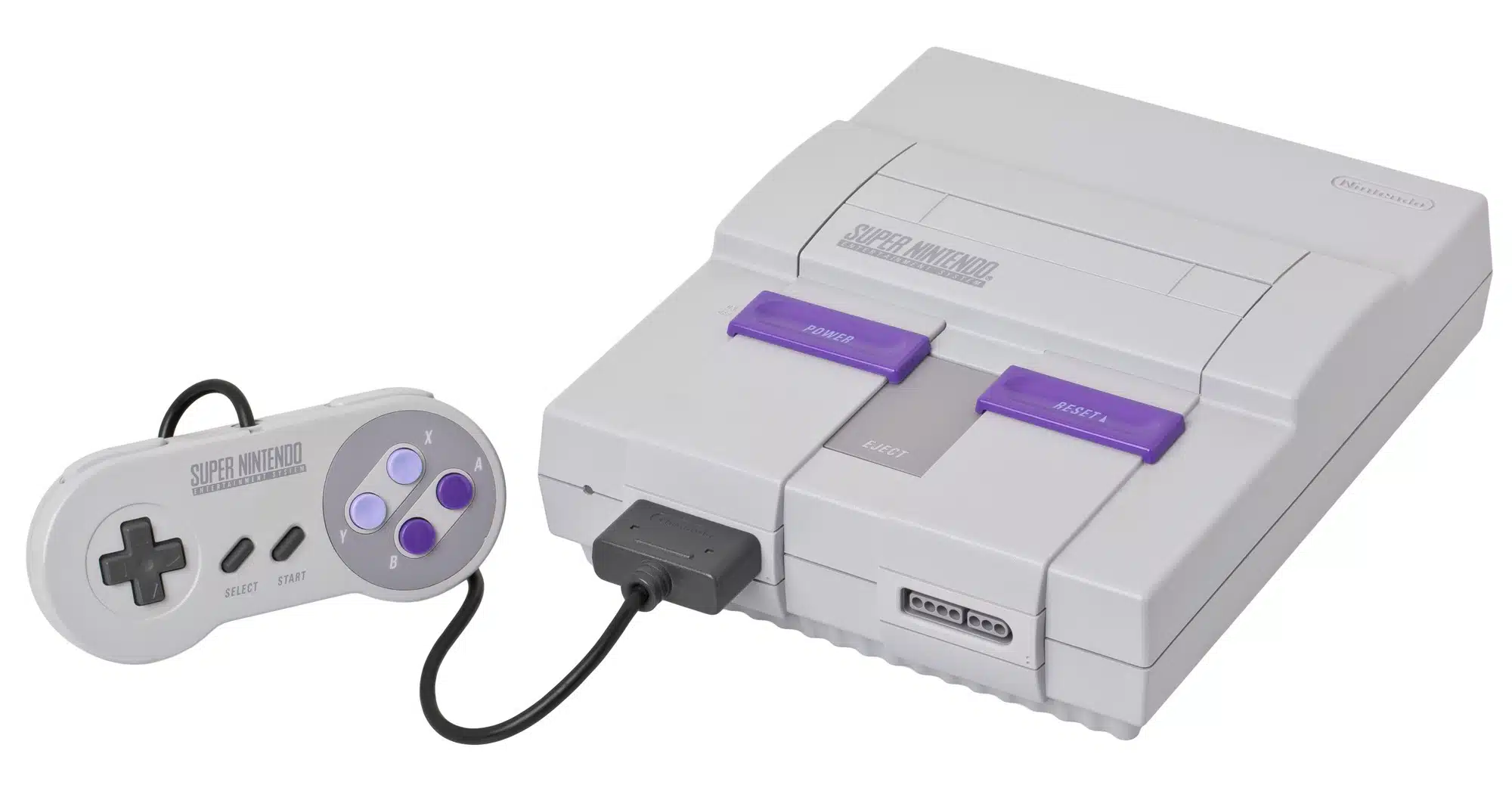 A Super Nintendo Entertainment System console with its controller. The console is light gray with purple power and reset buttons, and a grey eject button. The controller is also light gray and has a dark grey directional pad, purple and lavender action buttons, and grey select and start buttons. The console and controller are shown from a slightly elevated side view on a white background.