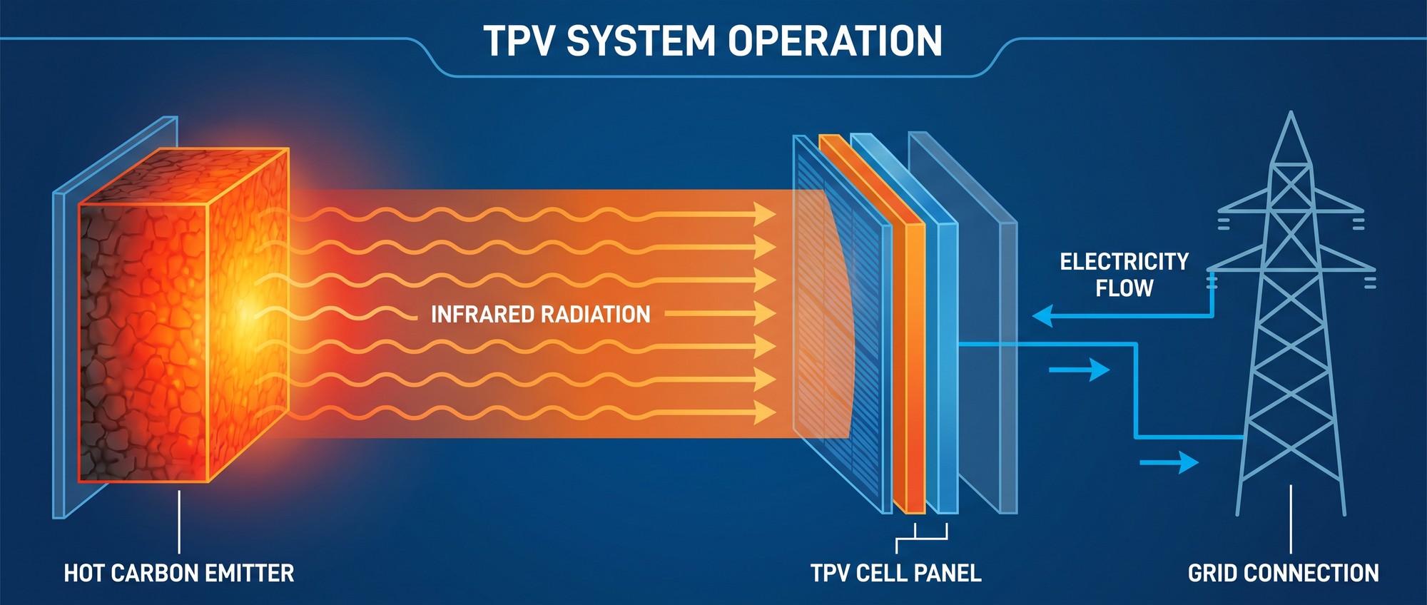 Diagram showing how thermophotovoltaic cells convert heat radiation from glowing carbon blocks into electricity