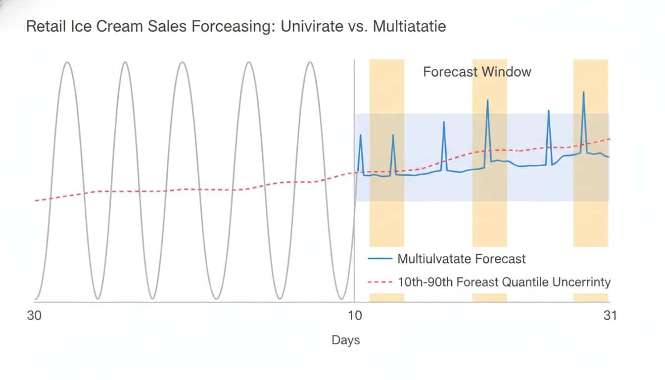 Ice cream sales forecast comparison: univariate (red) versus multivariate (blue) with promotion covariates