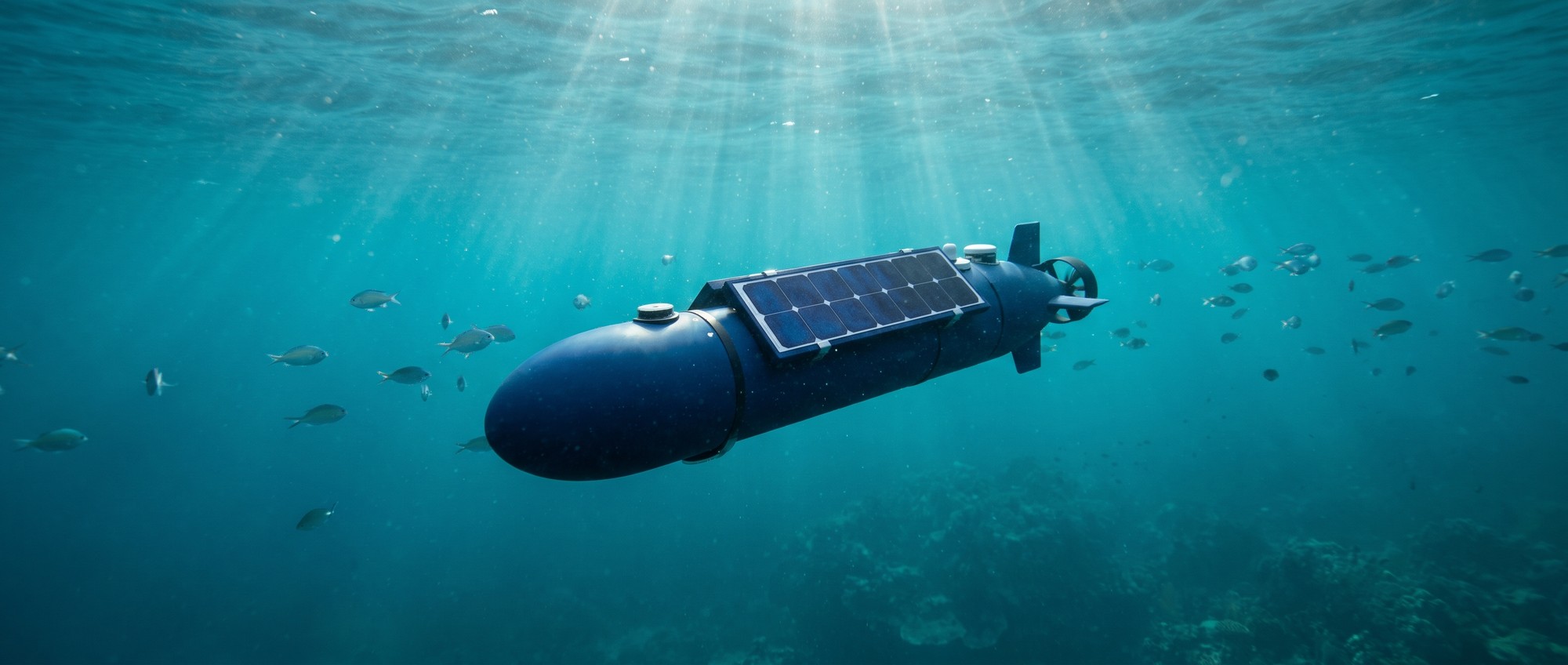 Underwater robot with a perovskite solar module at 10 meters depth in blue-green sunlight
