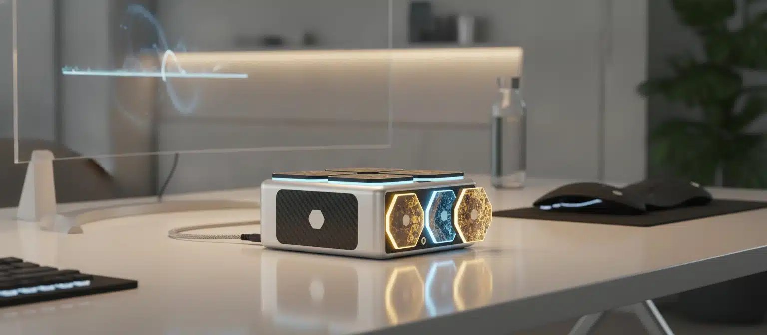Photobattery Breakthrough: UNIST and Cambridge Create a Battery That Recharges Itself With Light Modular photobattery device with swappable perovskite solar cell modules on an office desk illuminated by indoor lighting