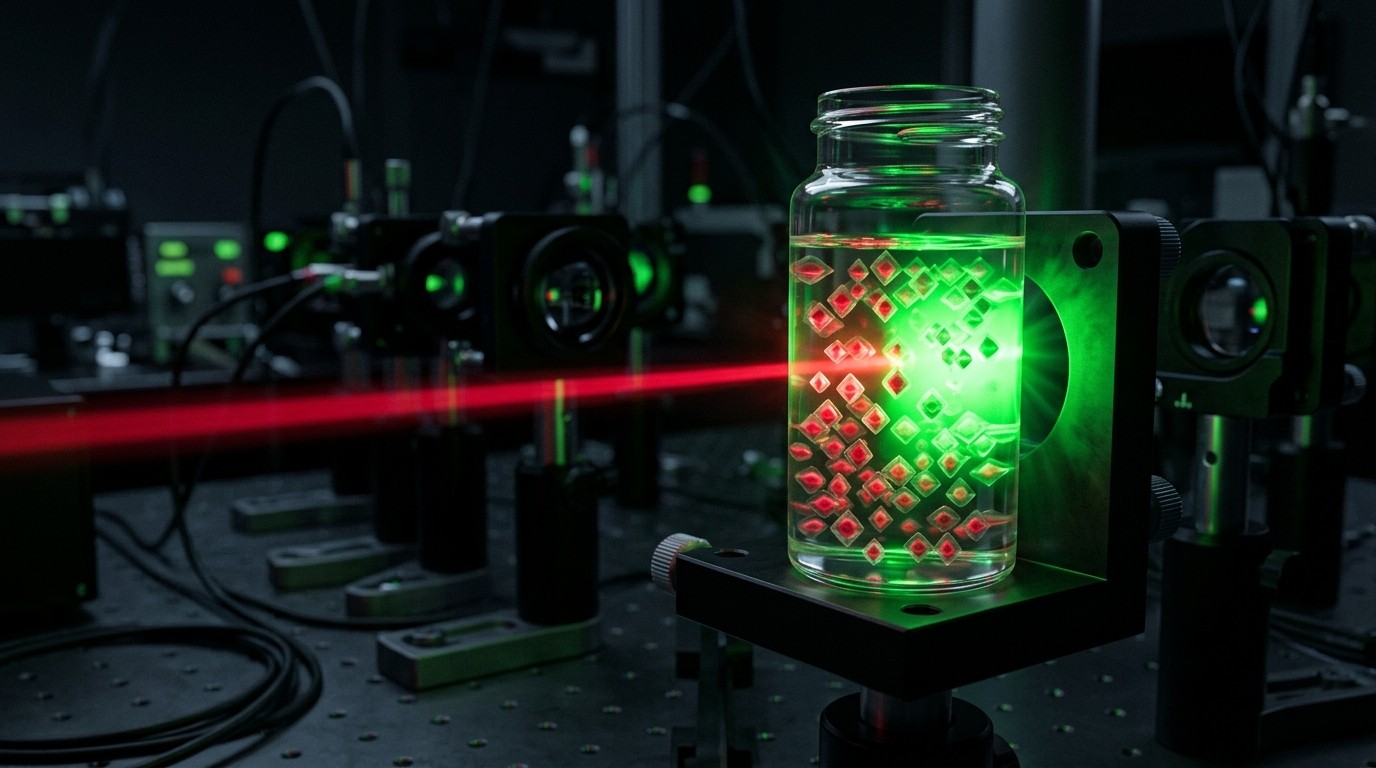 Conceptual illustration of upconversion nanoparticles converting infrared laser light into bright green light
