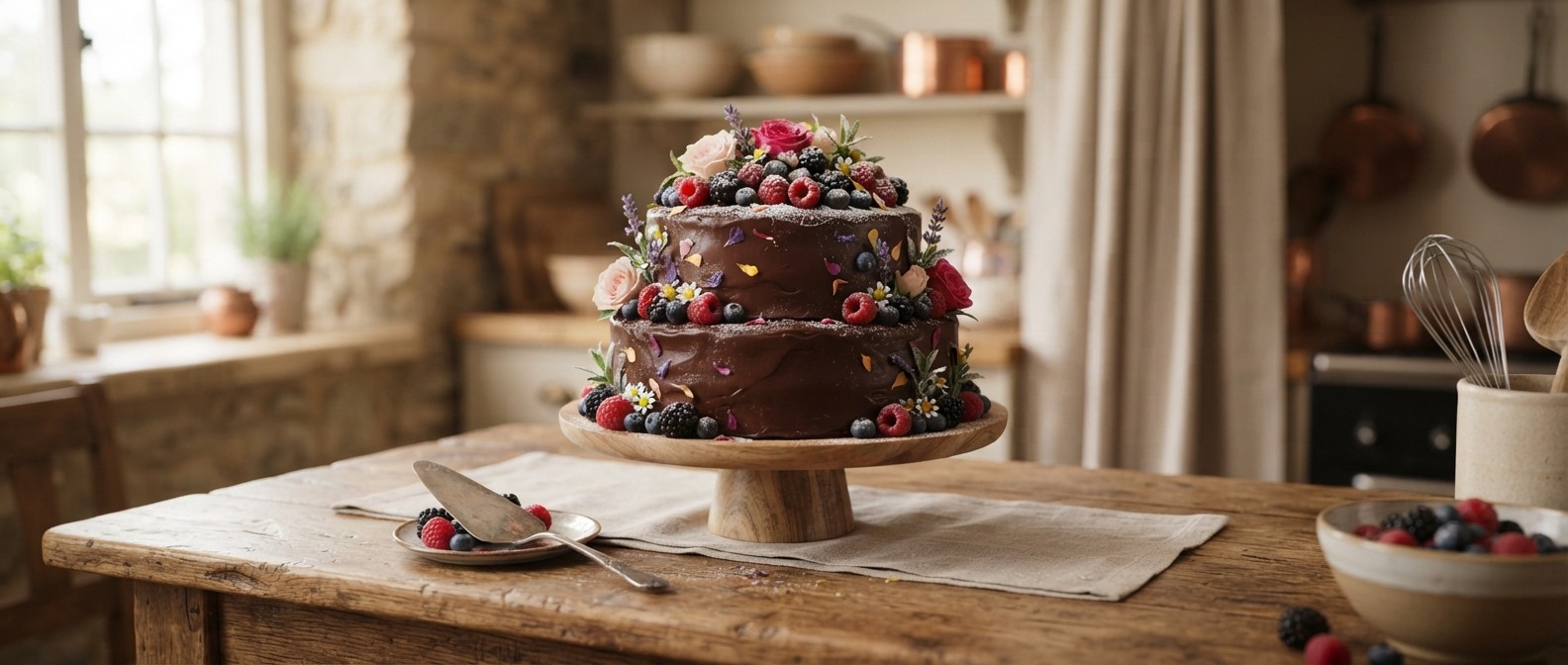 Beyond the Substitute: Why Modern Vegan and Gluten-Free Baking Rivals Traditional Pastries A beautifully decorated two-tier vegan and gluten-free celebration cake topped with fresh berries and edible flowers