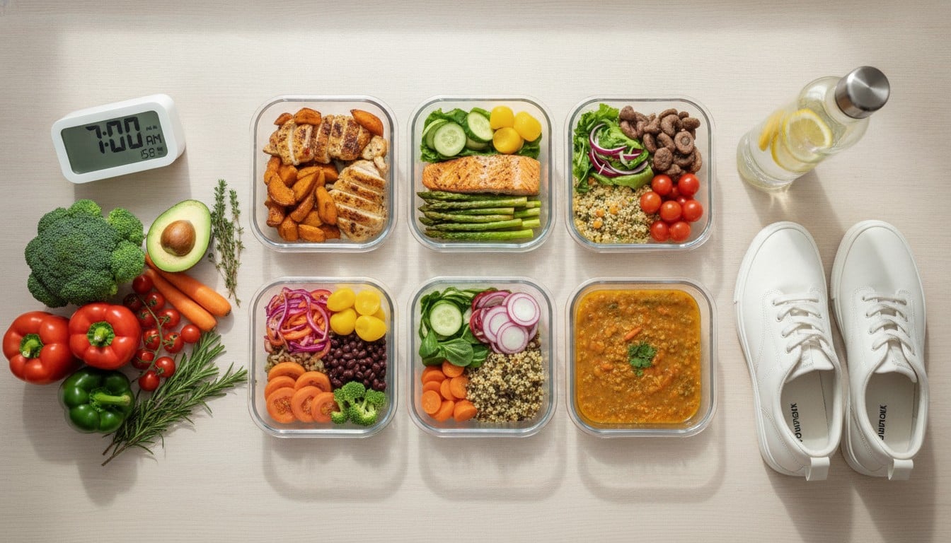 Healthy weekly routine with balanced meals, walking shoes and sleep essentials