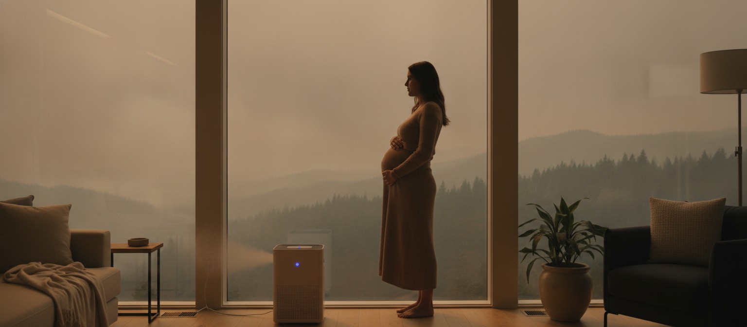 Wildfire Smoke Pregnancy Risks Are Now the Biggest Air Pollution Threat in the U.S. Pregnant woman looking out a window at smoky orange wildfire haze with an air purifier running indoors