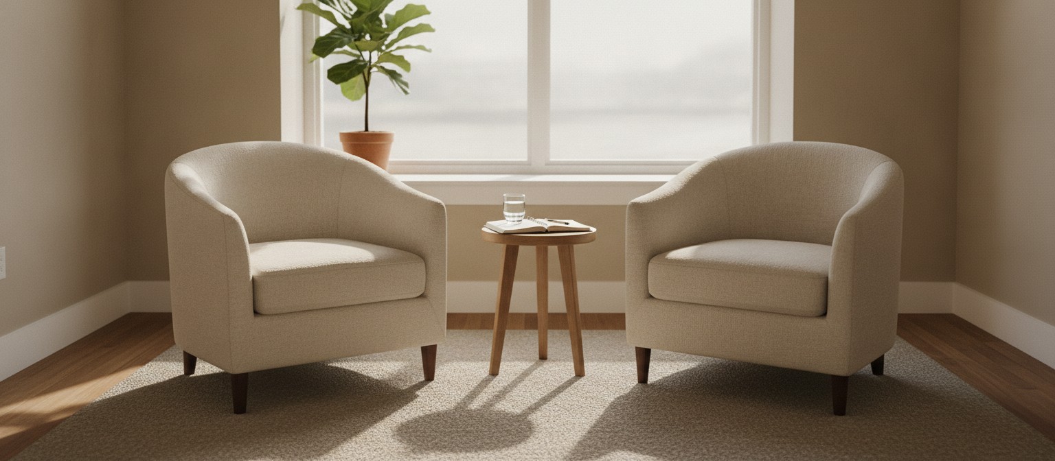 Why Do Some Women Need Trauma Treatment Built for Them? Bright private therapy room with two armchairs in a women-focused trauma treatment center