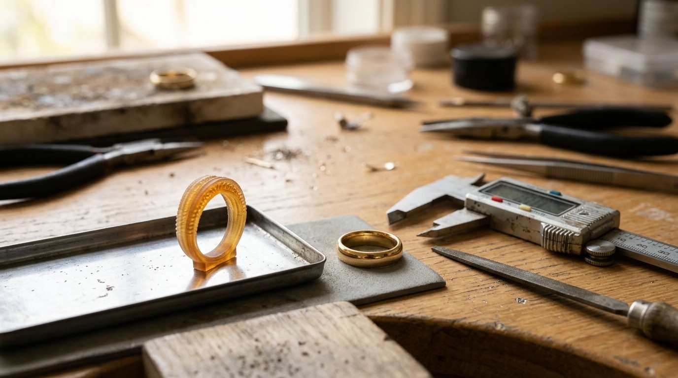 A translucent amber 3D-printed resin ring pattern on a workshop tray beside calipers and a finished gold band.