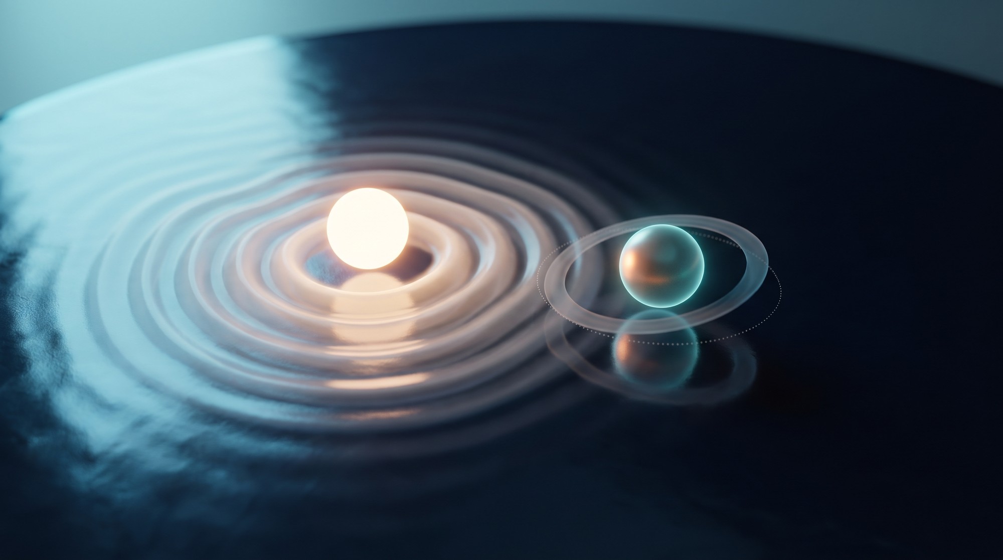 Photorealistic 3D illustration of two glowing qubits side by side, with microwave wavefronts from one washing over the other and pushing its phase out of step