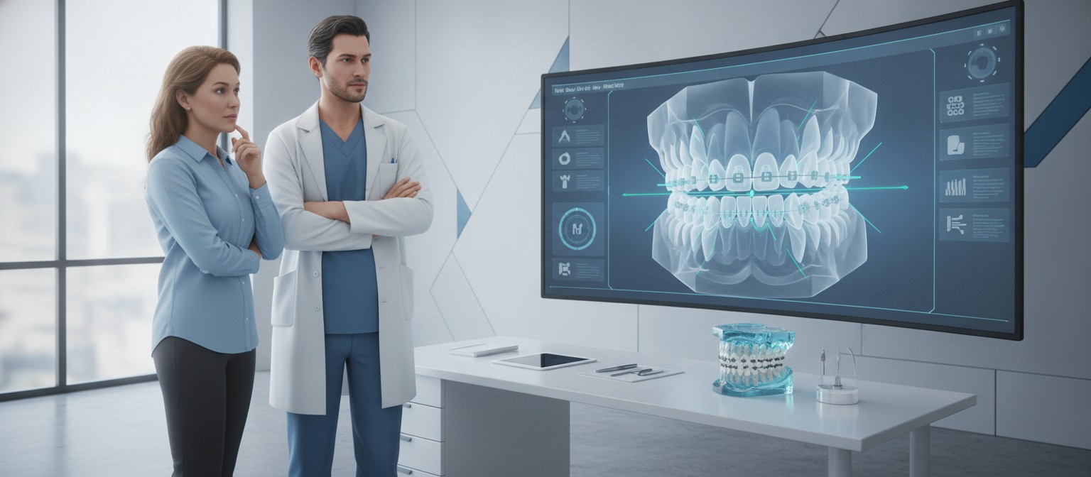 Adult patient and orthodontist reviewing a digital 3D teeth model for braces planning on a clinic screen