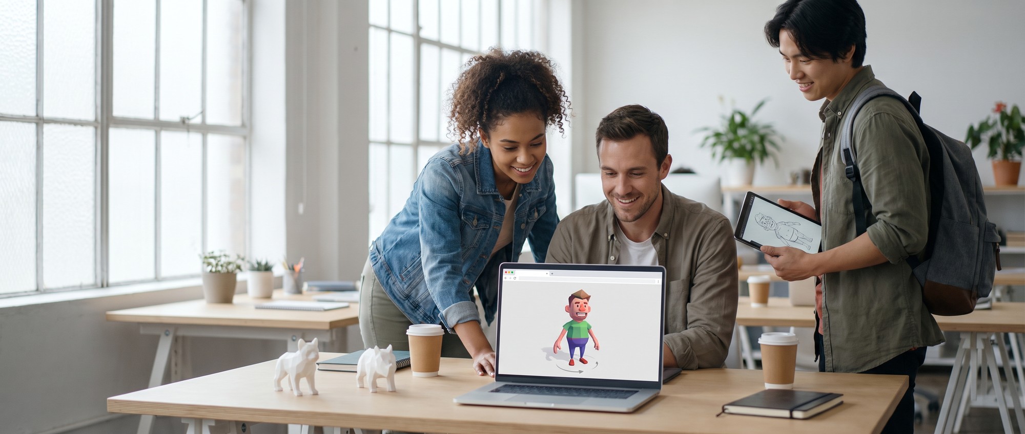 How AI 3D Tools Are Making Creation Accessible to Everyone A creative team and a student collaborating around a laptop that shows a 3D model rotating in a web browser