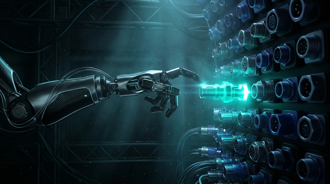 A robotic arm reaching toward a wall of glowing tool connectors, one selected and lit bright teal