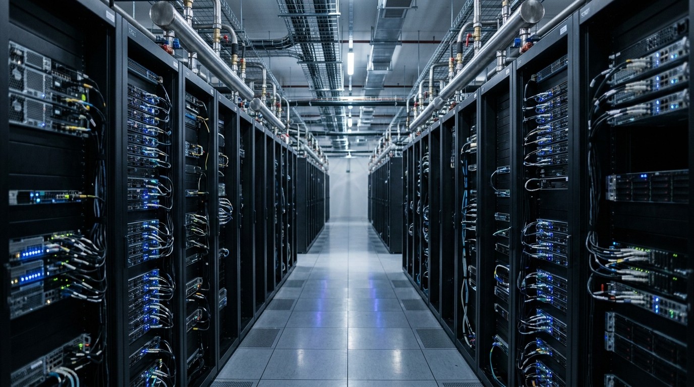 Rows of AI server racks inside a data center with dense memory cabling and cooling pipes