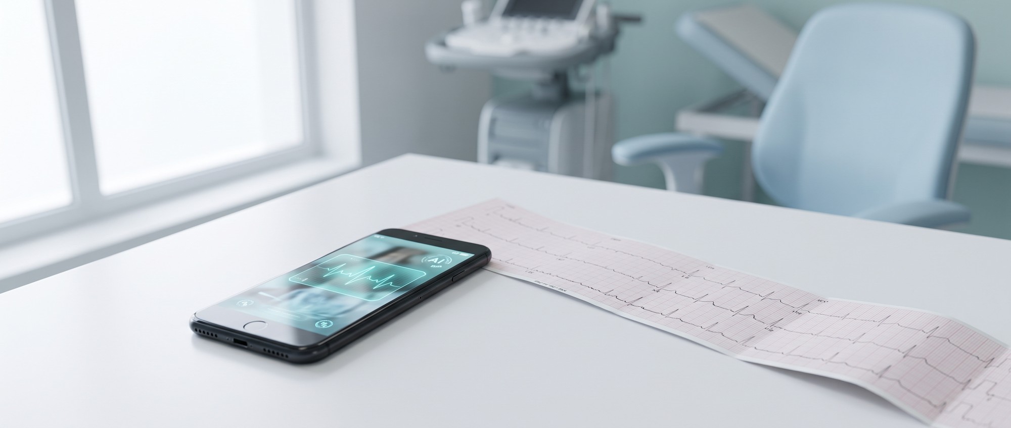 AI ECG: The Smartphone Tool That Spots a Hidden Heart Disease A smartphone resting beside a printed ECG heart trace, representing AI ECG screening