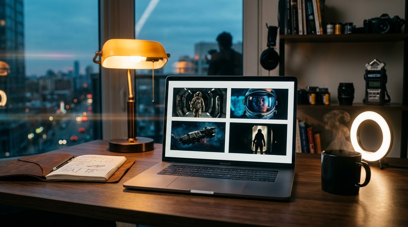An indie filmmaker's workspace with a laptop displaying a storyboard grid of sci-fi film scenes.