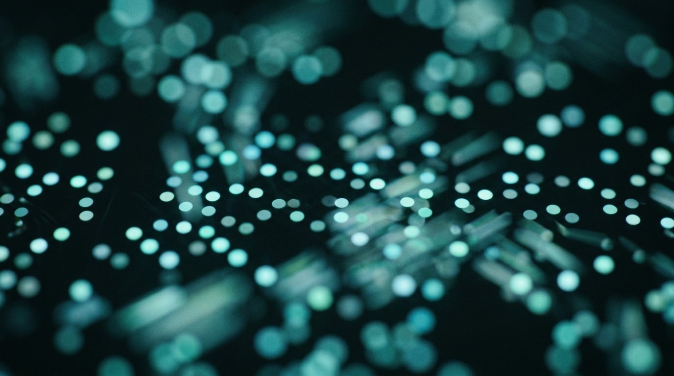 Abstract macro bokeh of cyan and teal light points on a dark background