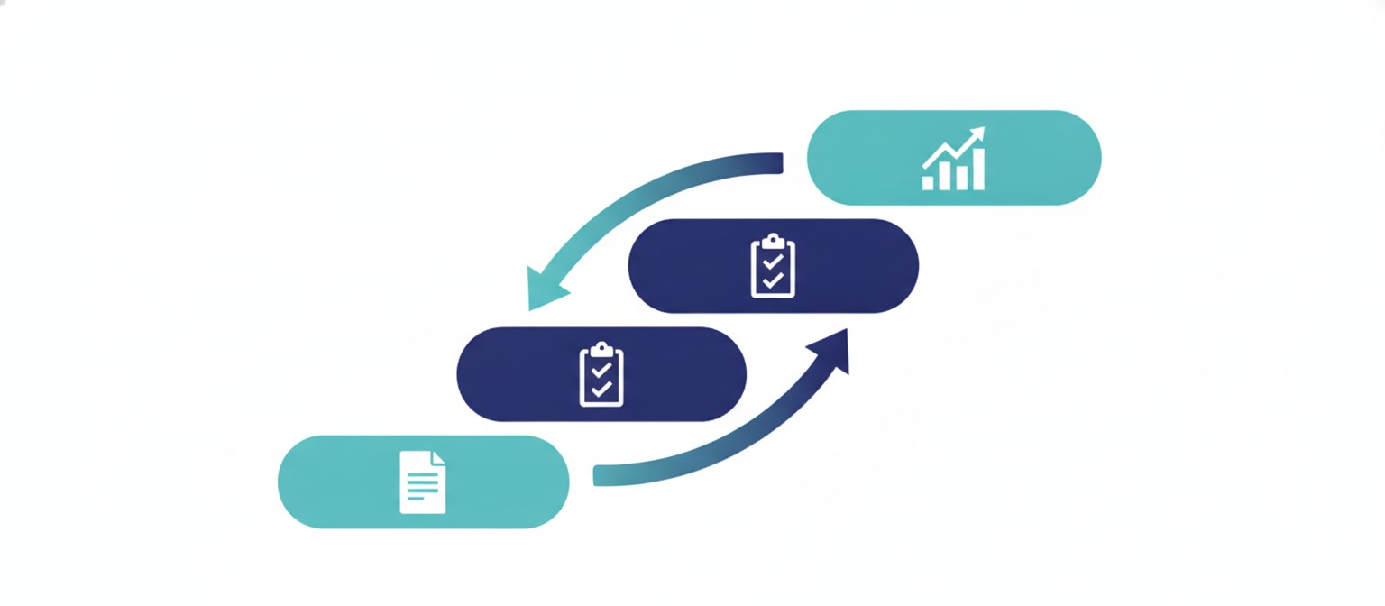 Illustration of a phased pilot rollout for AI-assisted healthcare outsourcing, moving from documents to checklists to results