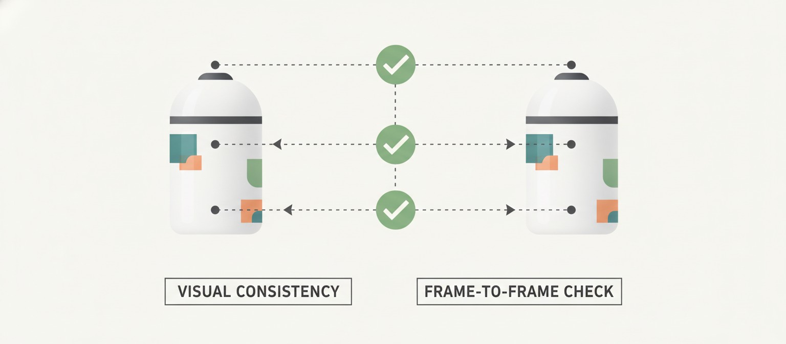 Illustrative image showing product consistency checks across AI video frames